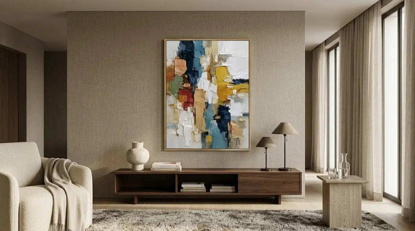 Modern living room with abstract art, furniture, and decor.