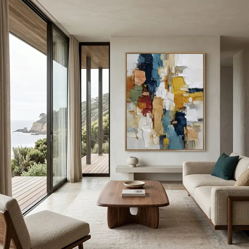 Modern living room with abstract art, wooden coffee table, and large windows overlooking a scenic view.