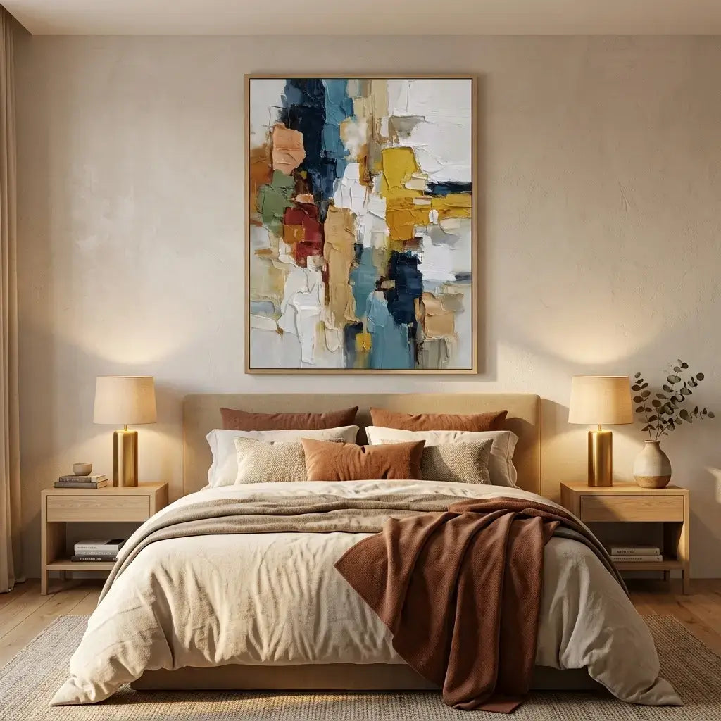 Modern bedroom with abstract art above the bed