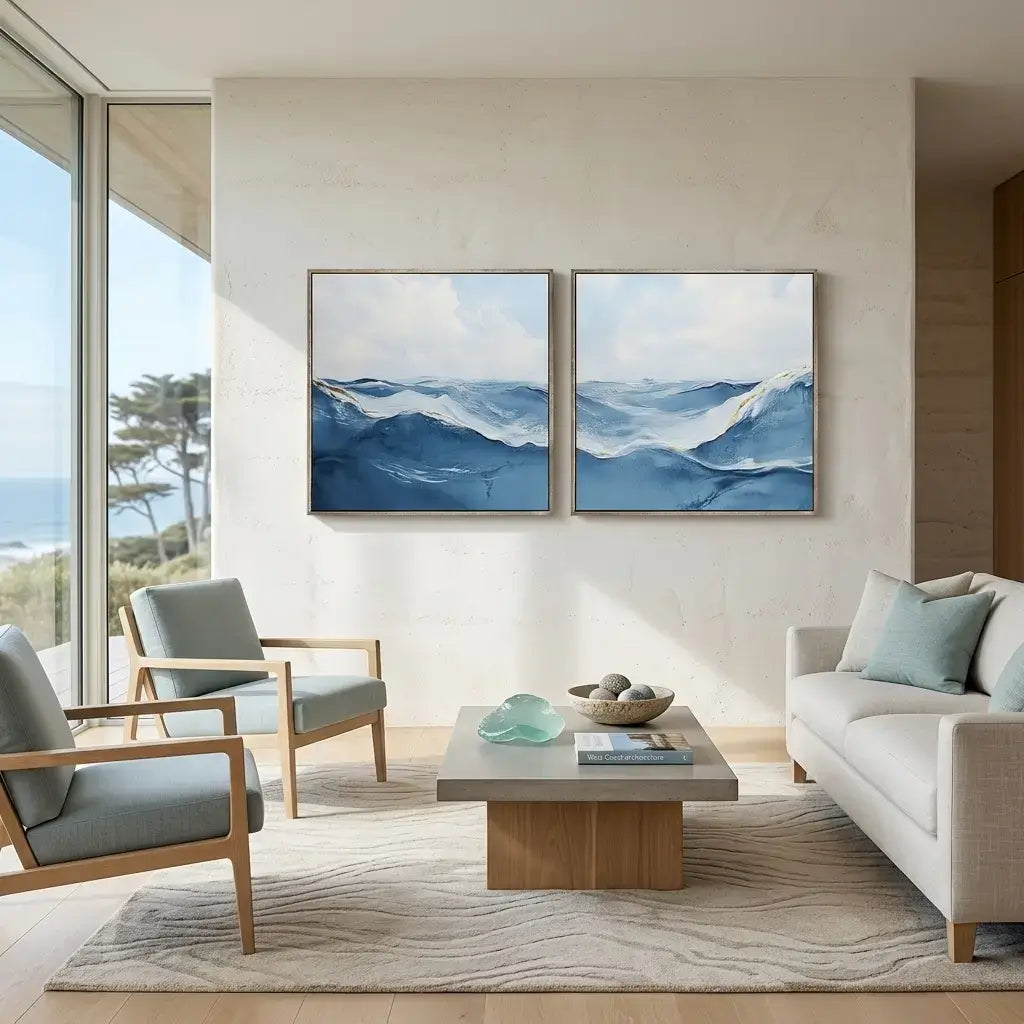 Modern living room with two blue abstract paintings on the wall.