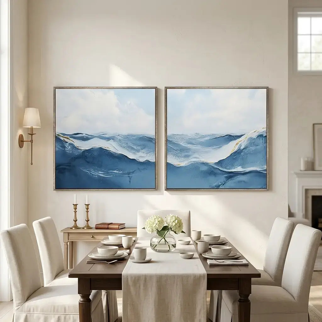 Dining room with a wooden table set for a meal, two abstract blue mountain paintings on the wall, and a fireplace.