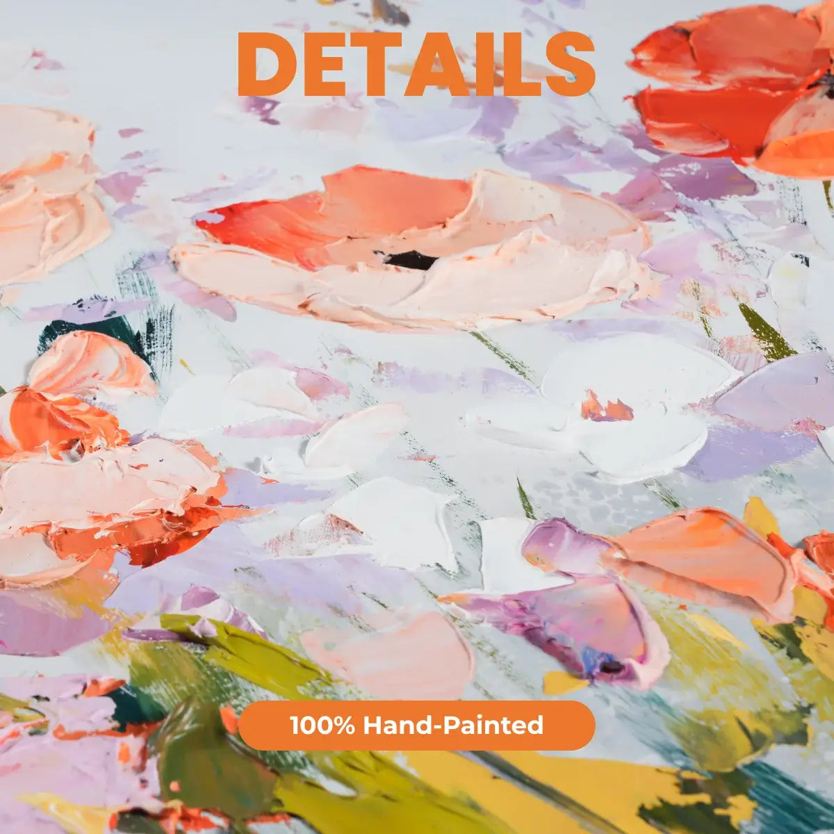 Hand-painted floral design with '100% Hand-Painted' label on a colorful background