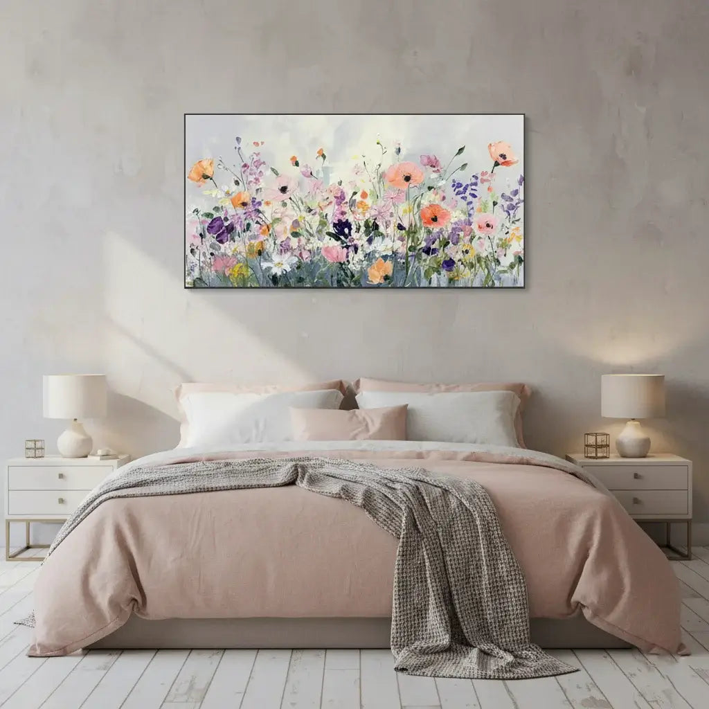 Bedroom with floral painting on the wall, pink bedding, and two lamps.