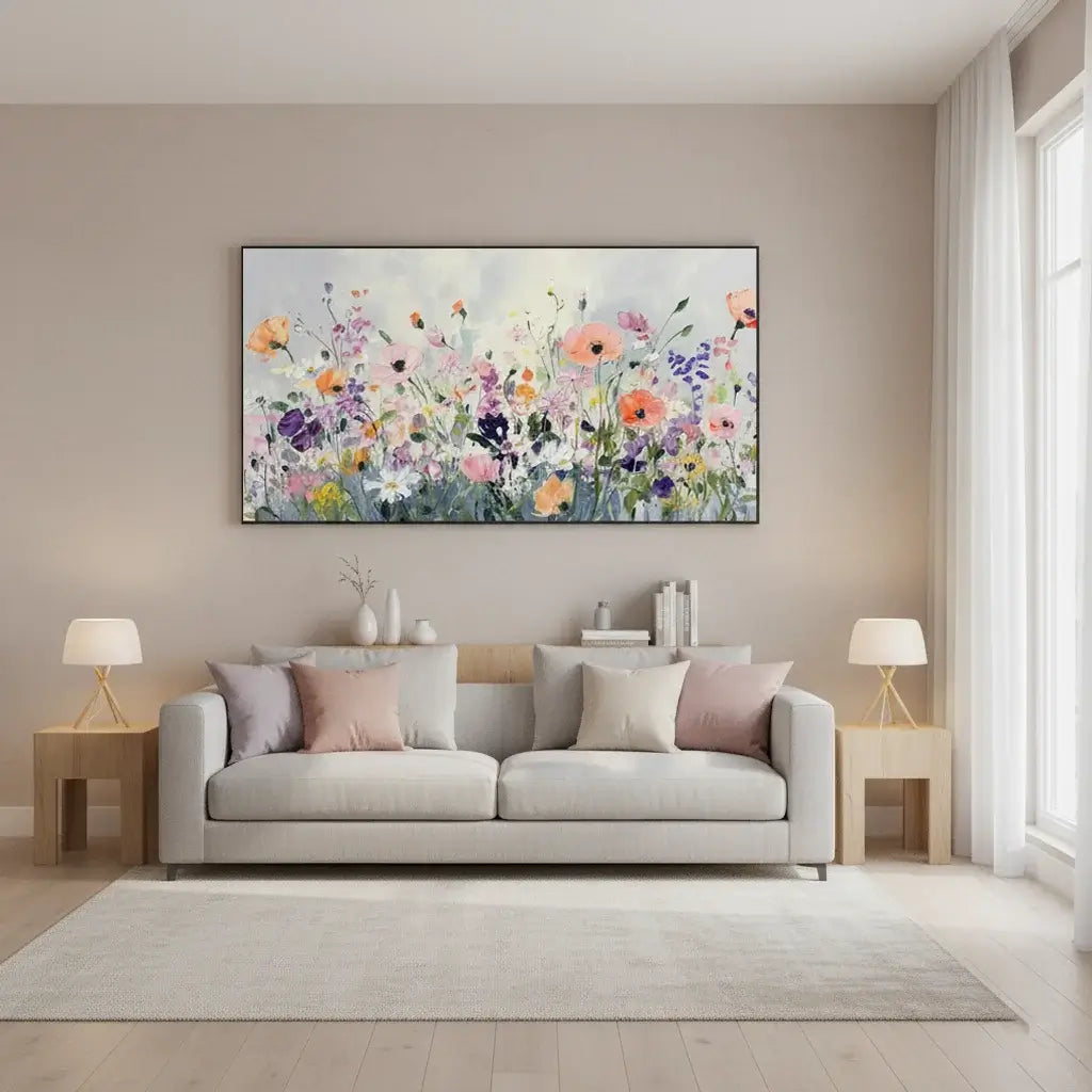 Living room with a floral painting on the wall above a sofa.