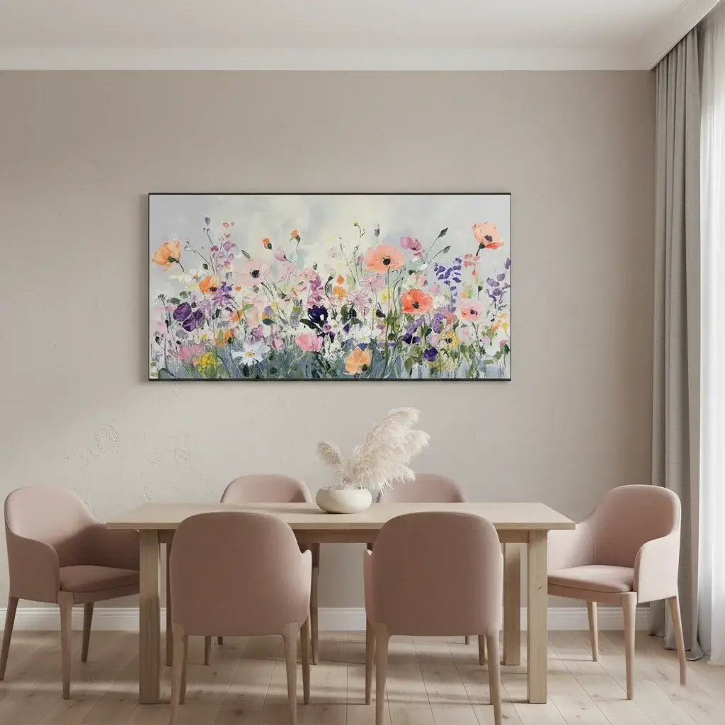Dining room with a floral painting on the wall above a table and chairs.