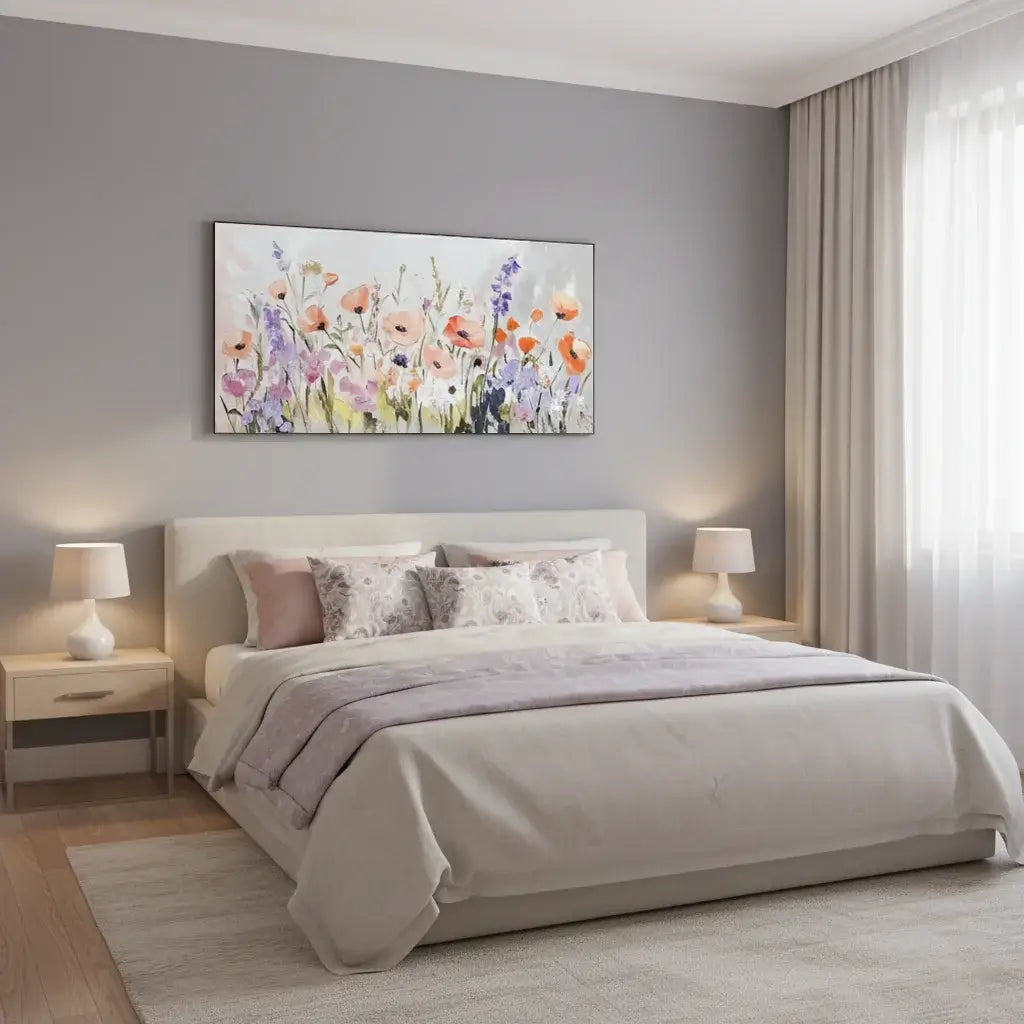 Bedroom with floral painting on the wall, bed with pillows, and lamps on nightstands.