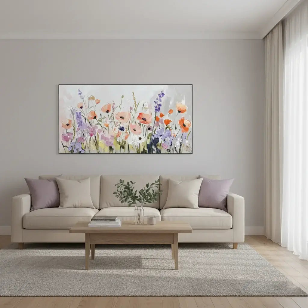 Living room with a beige sofa, wooden coffee table, and floral painting on the wall.