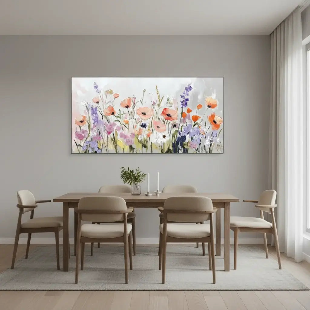 Dining room with a floral painting on the wall above a wooden table and chairs.
