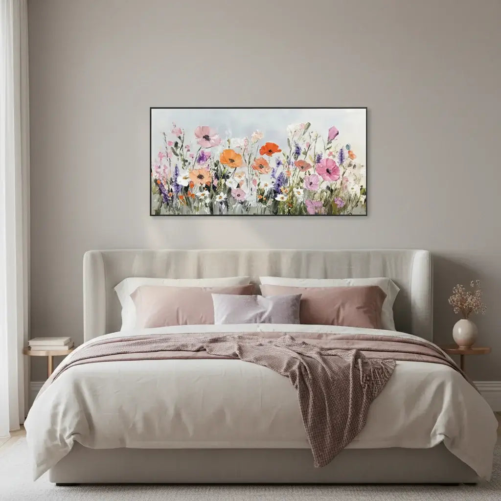 Bedroom with a floral painting above the bed