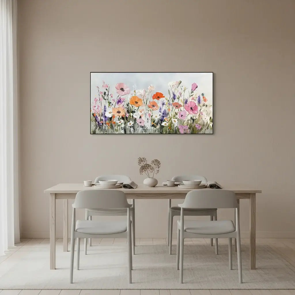 Dining room with a table and chairs, and a floral painting on the wall.
