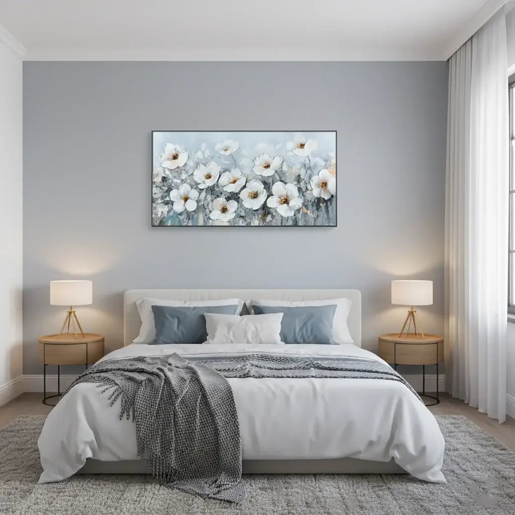 Modern bedroom with floral artwork on the wall, two lamps, and a bed with gray and white bedding.