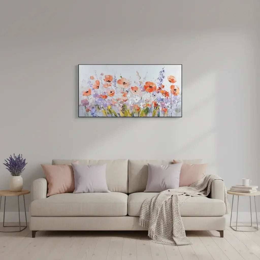 Floral painting above a beige sofa in a living room setting