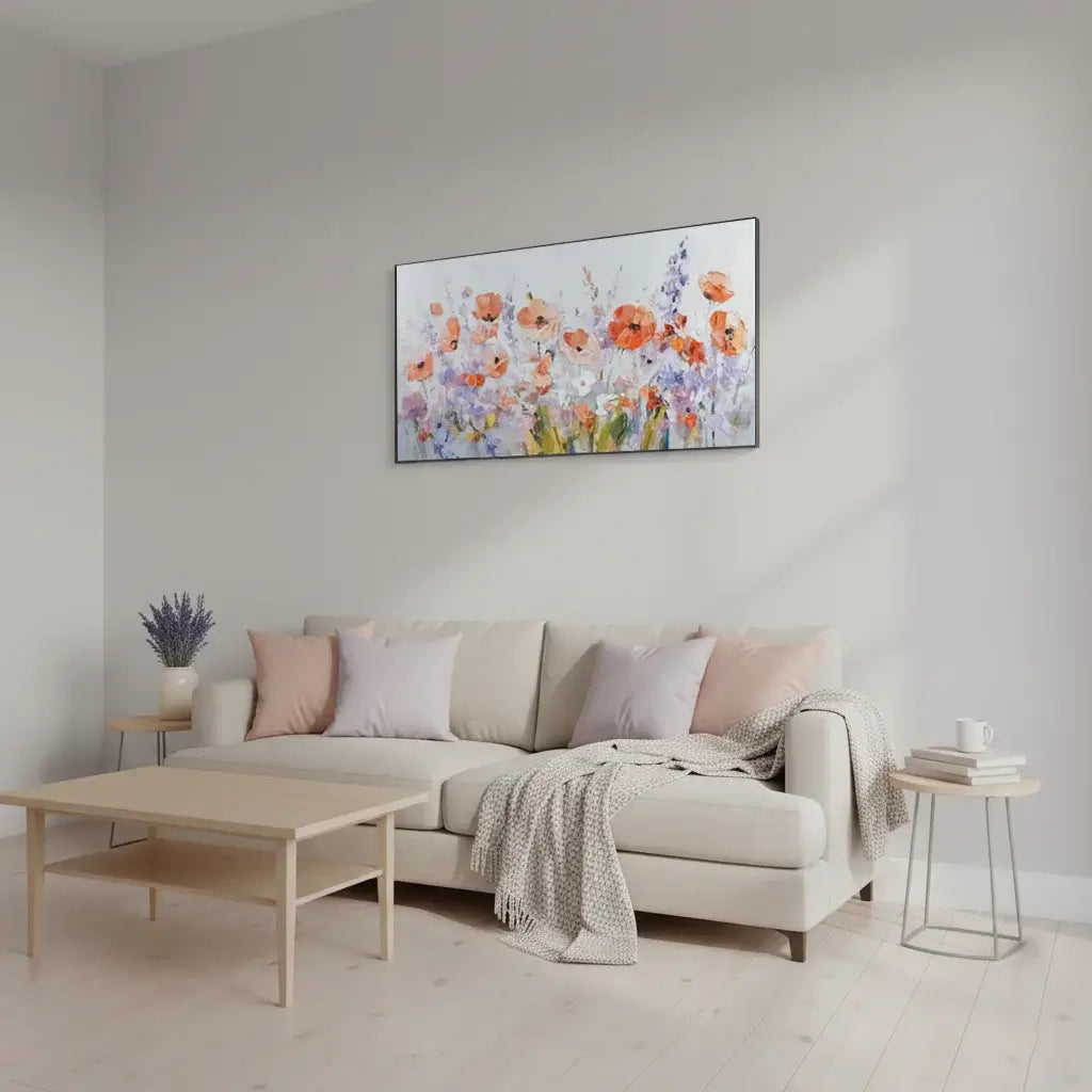 Living room with a beige sofa, coffee table, and floral painting on the wall.