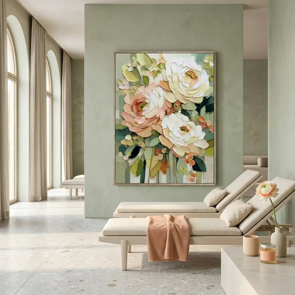 Floral painting on a wall in a modern living room with lounge chairs and decor.