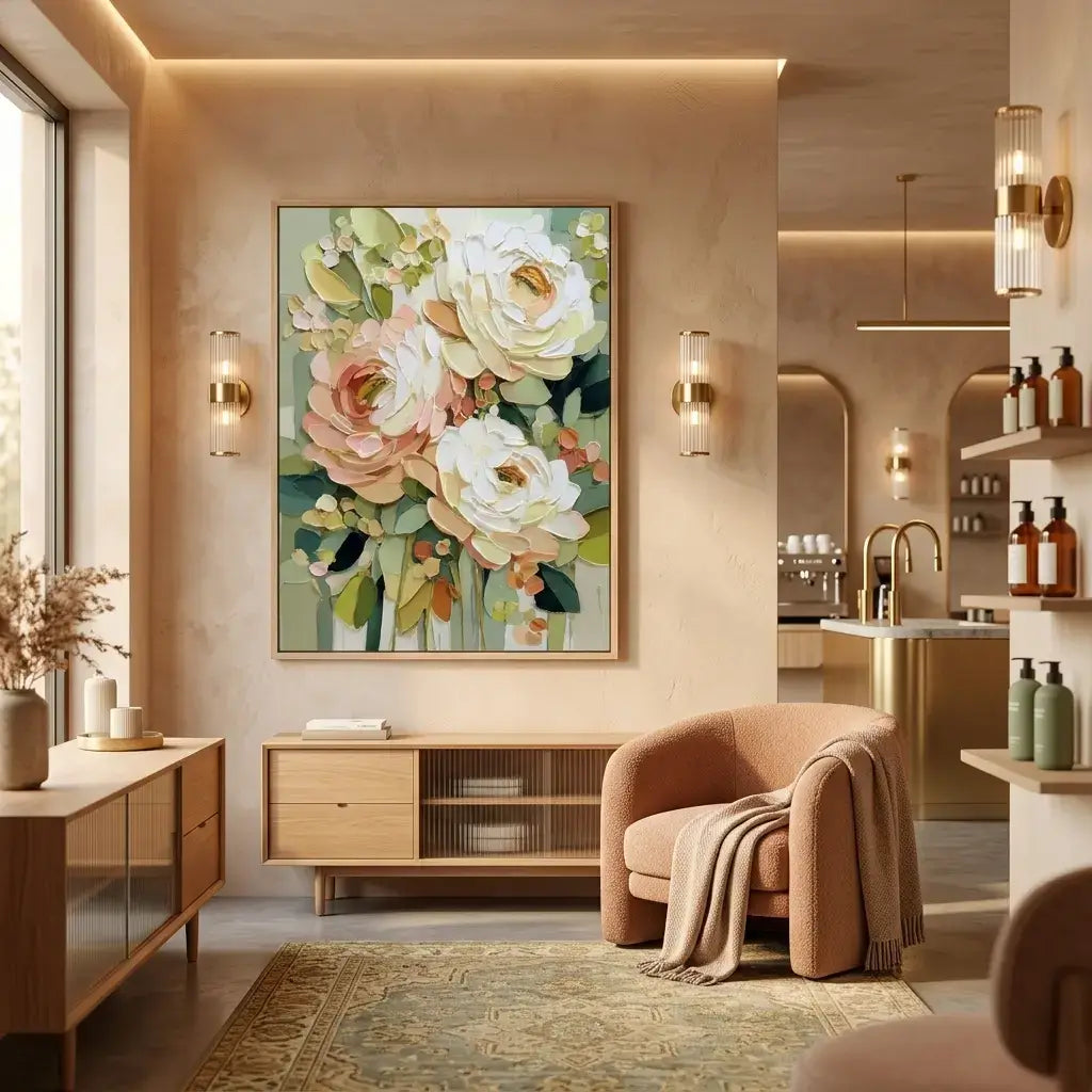 Modern living room with floral artwork, armchair, and decor elements.