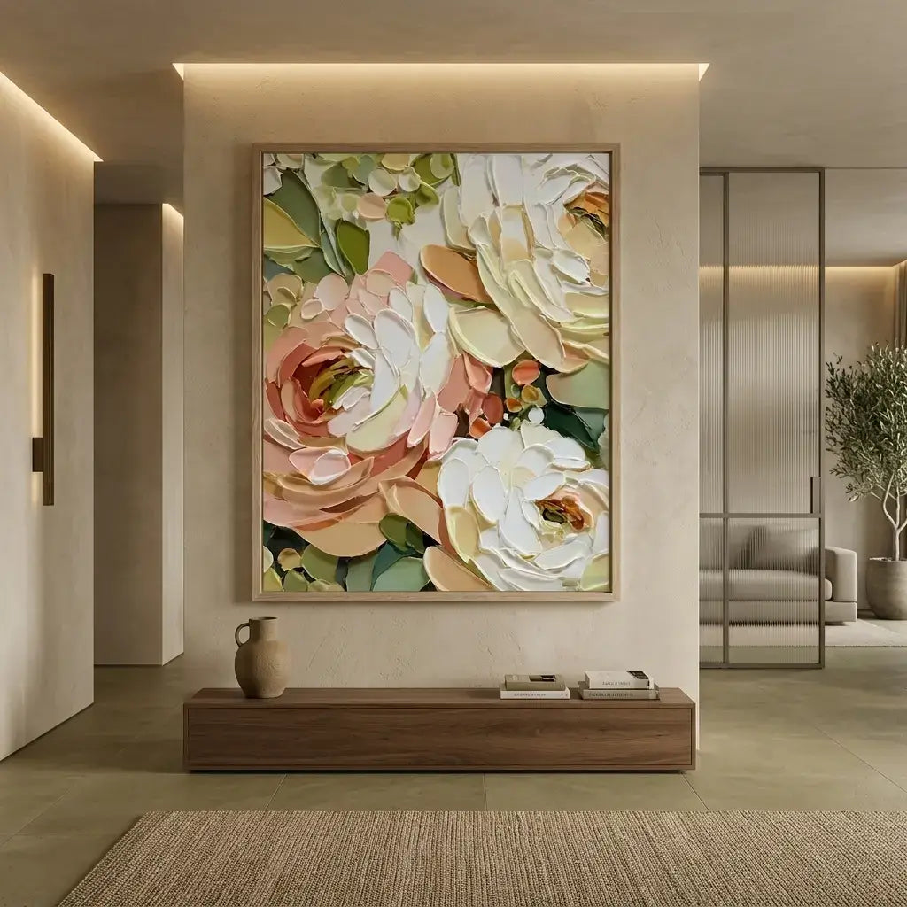 Floral painting in a modern living room setting