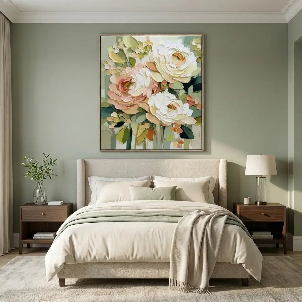Neatly made bed in a bedroom with floral artwork on the wall.