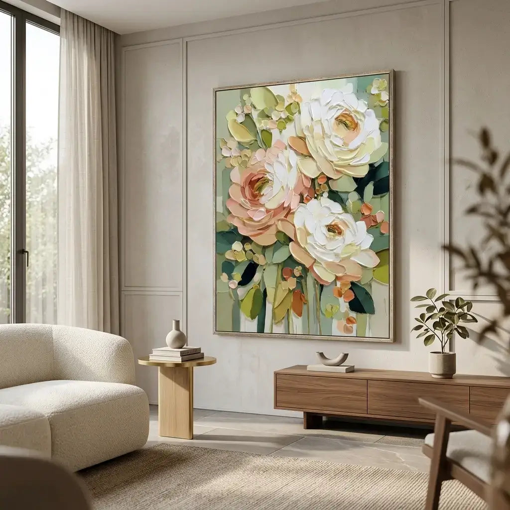 Living room with a floral painting on the wall, a sofa, and a coffee table.