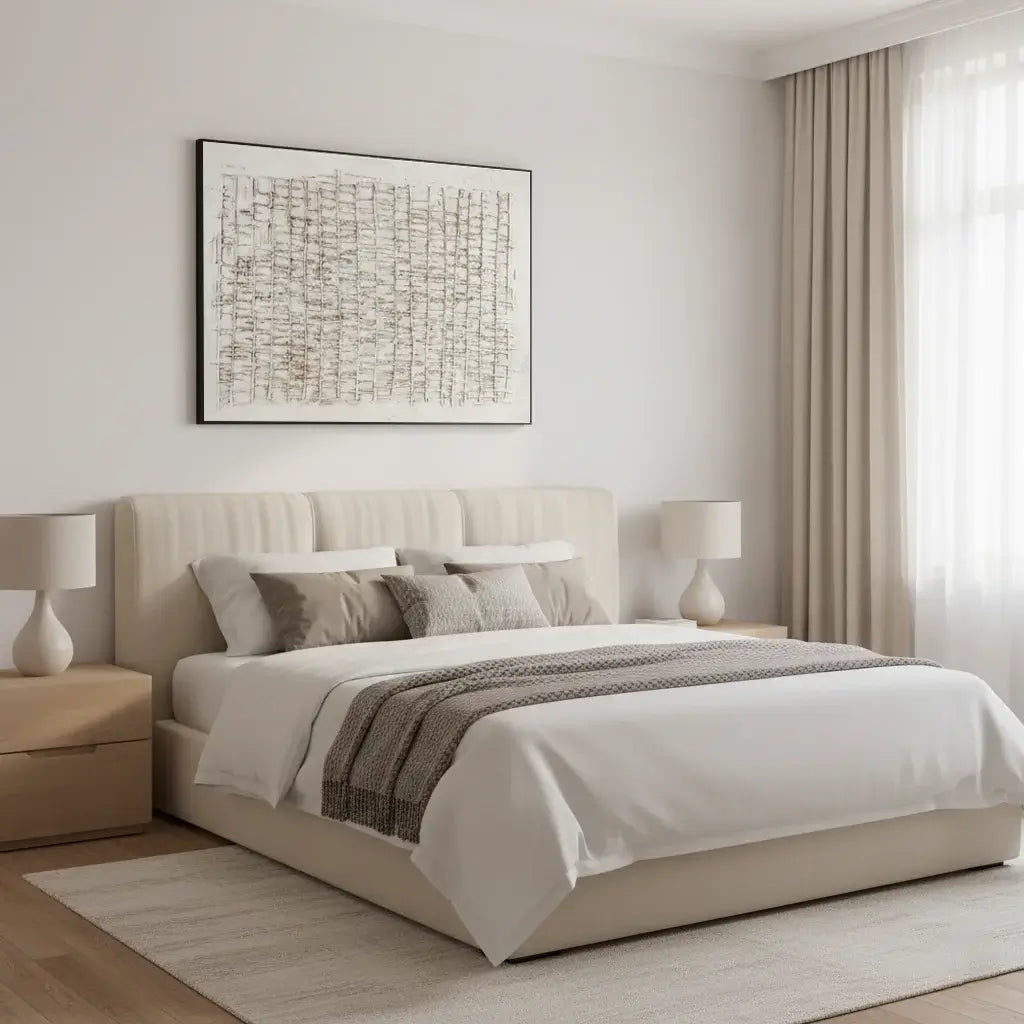 Modern bedroom with a bed, nightstands, and wall art.