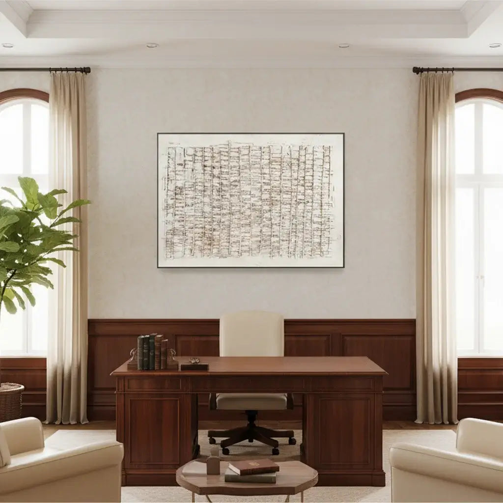 Modern office interior with a wooden desk, chairs, and a wabi-sabi abstract wall art on the wall.
