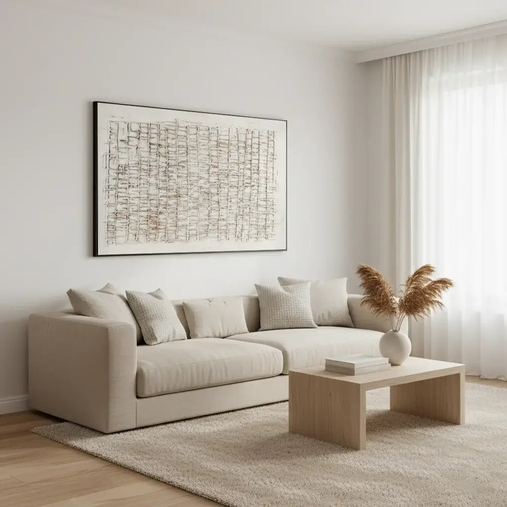 Modern living room with a beige sofa, wooden coffee table, and a wabi-sabi artwork on the wall.
