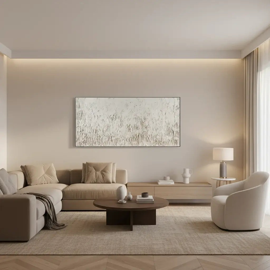 Modern living room with neutral-toned furniture and Wabi-Sabi artwork