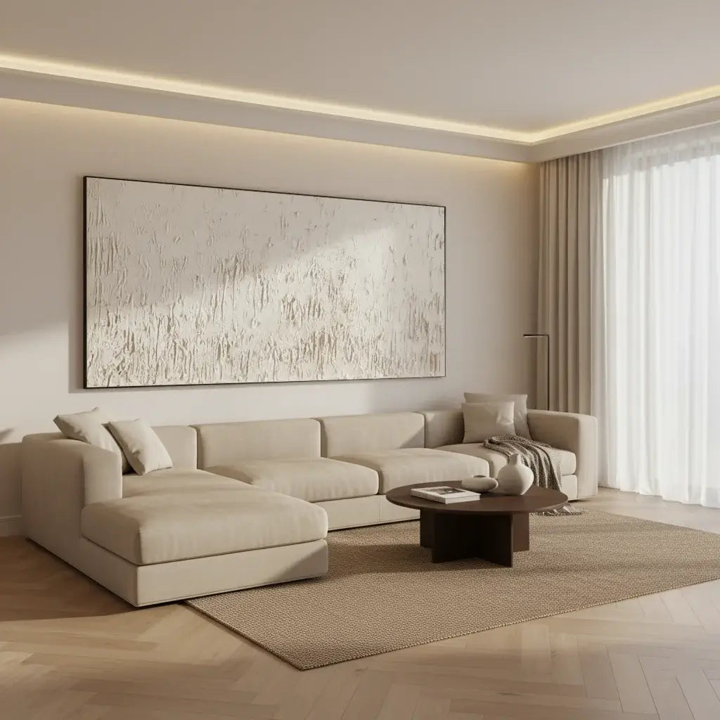 Modern living room with a beige sectional sofa, abstract painting, and wooden coffee table.