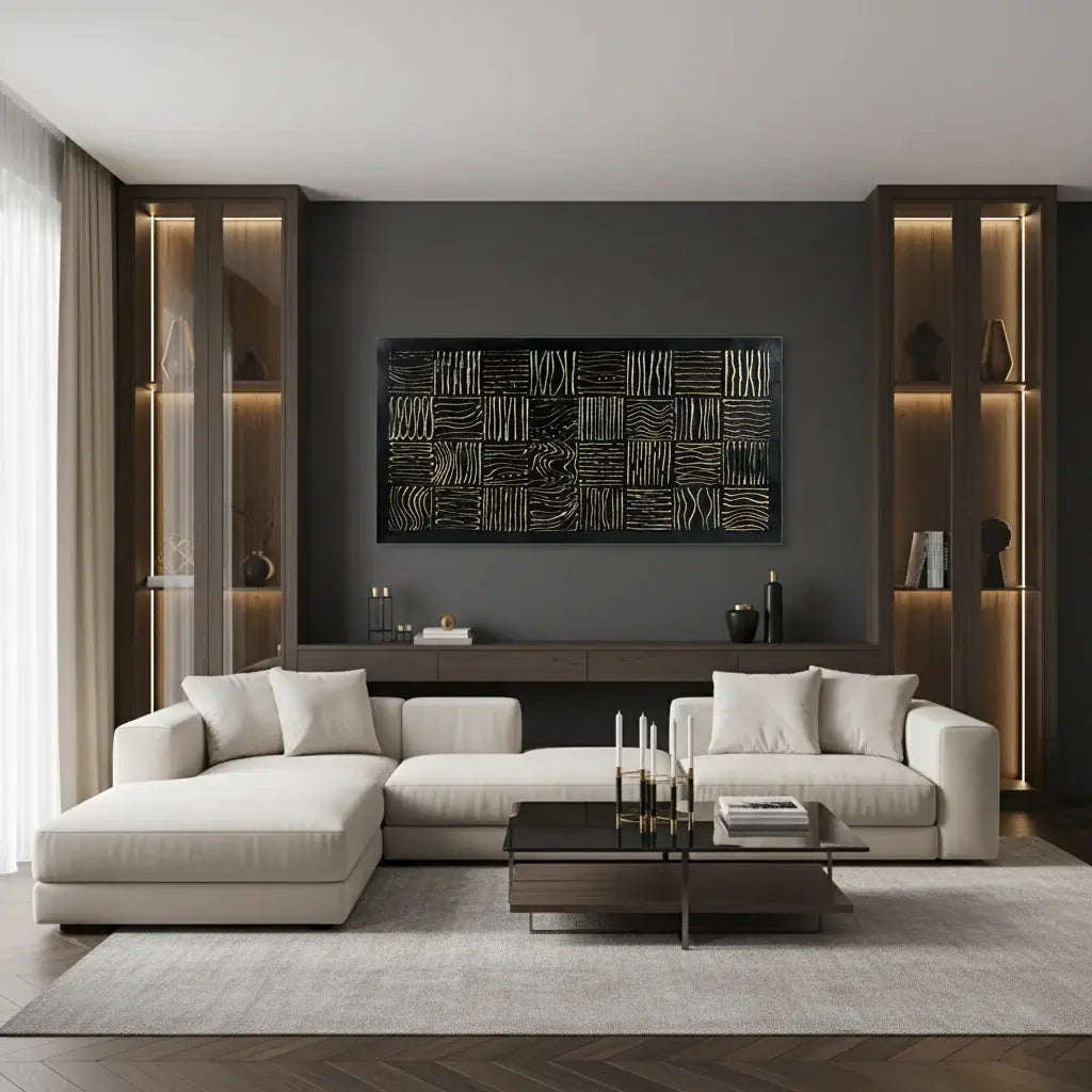 Modern living room with a beige sectional sofa, coffee table, and decorative wall art.