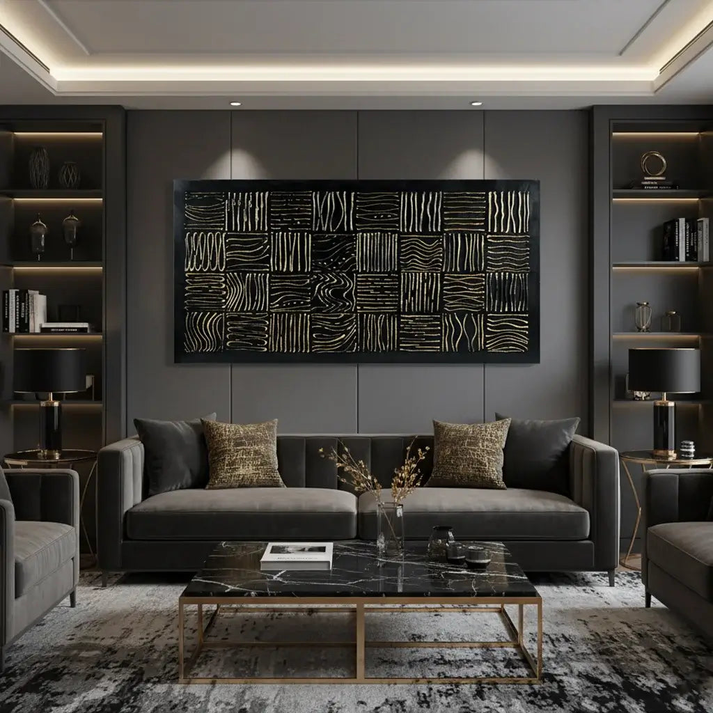 Modern living room with gray sofa, marble coffee table, and abstract wall art.