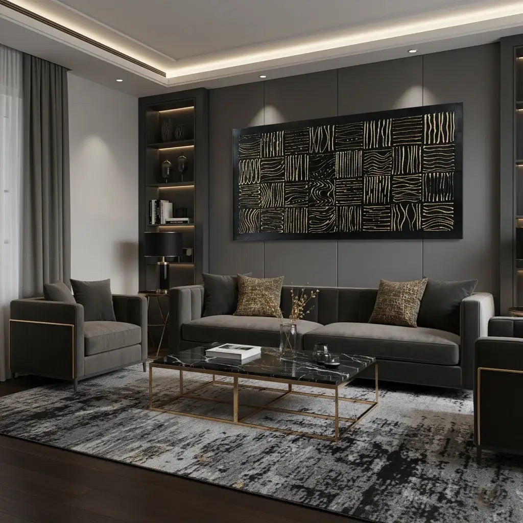 Modern living room with gray sofa, coffee table, and decorative wall art.