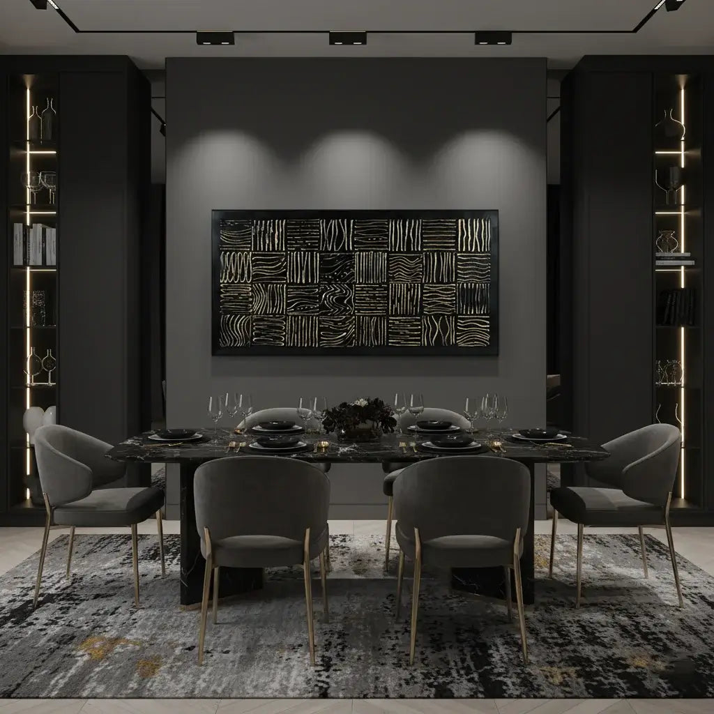 Modern dining room with a black table and chairs, abstract wall art, and bookshelves.