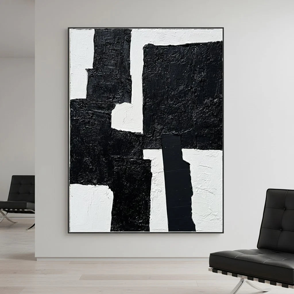 Abstract black and white painting in a modern living room setting
