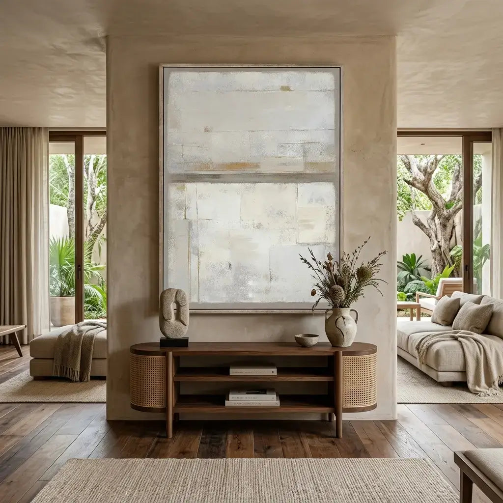 Modern living room with a large abstract painting, wooden console table, and comfortable seating.