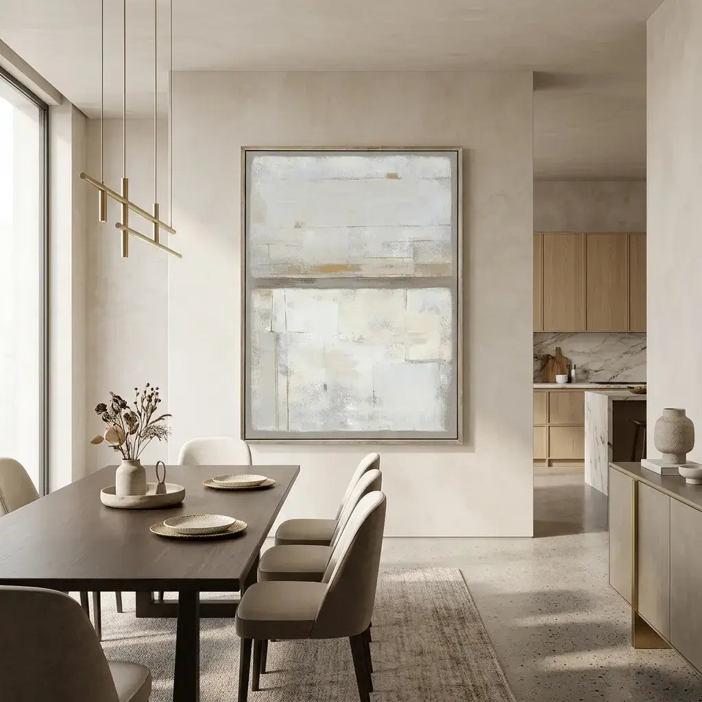 Modern dining room with a table, chairs, and abstract art on the wall.