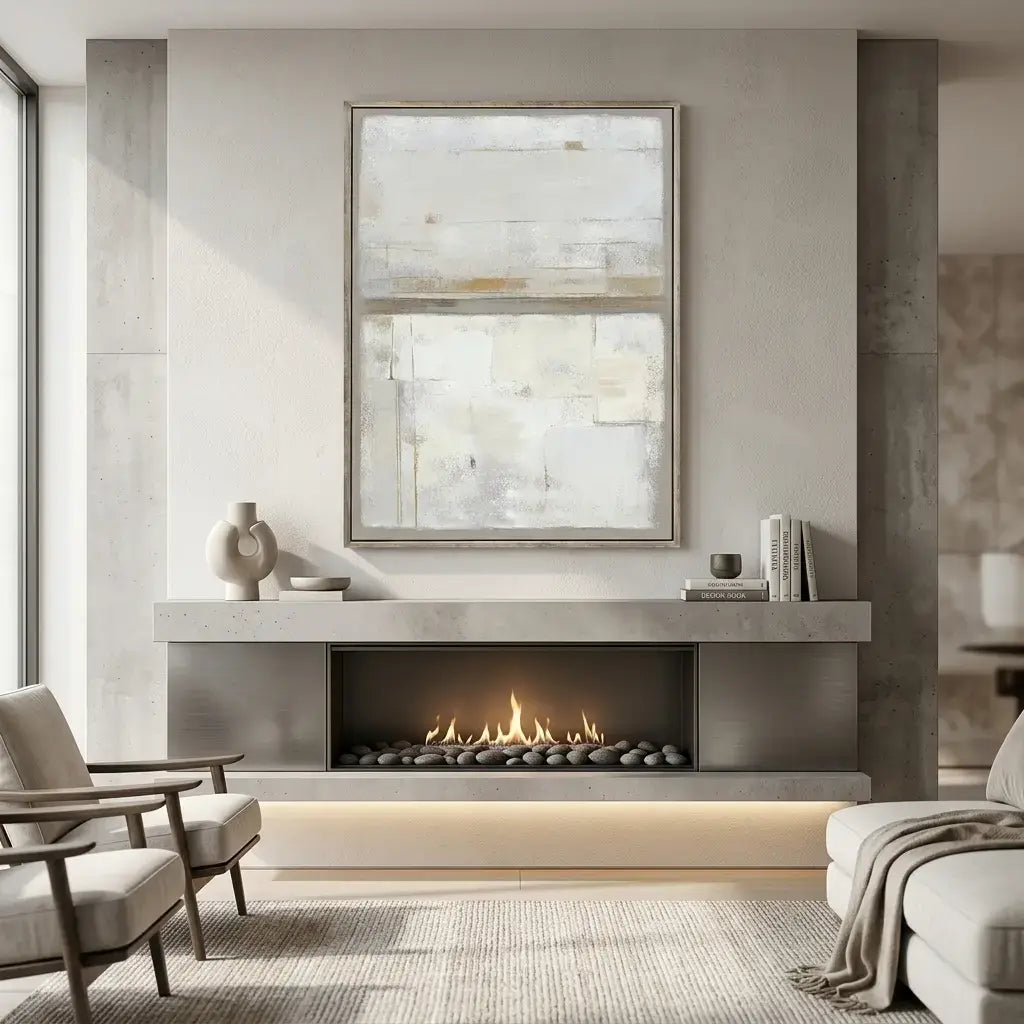 Modern living room with a fireplace, artwork, and furniture.