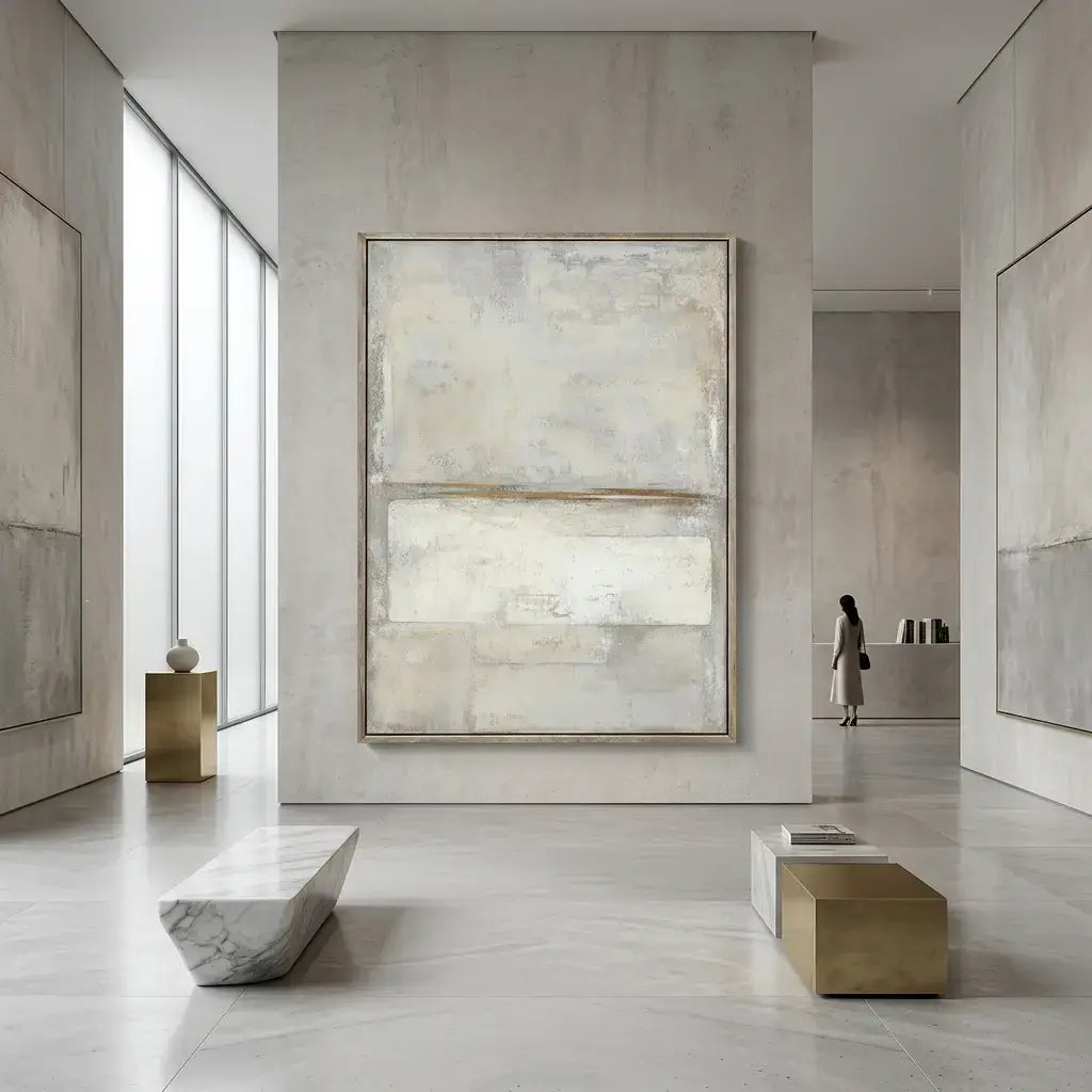 Modern interior with abstract art on a wall, marble bench, and minimal decor.