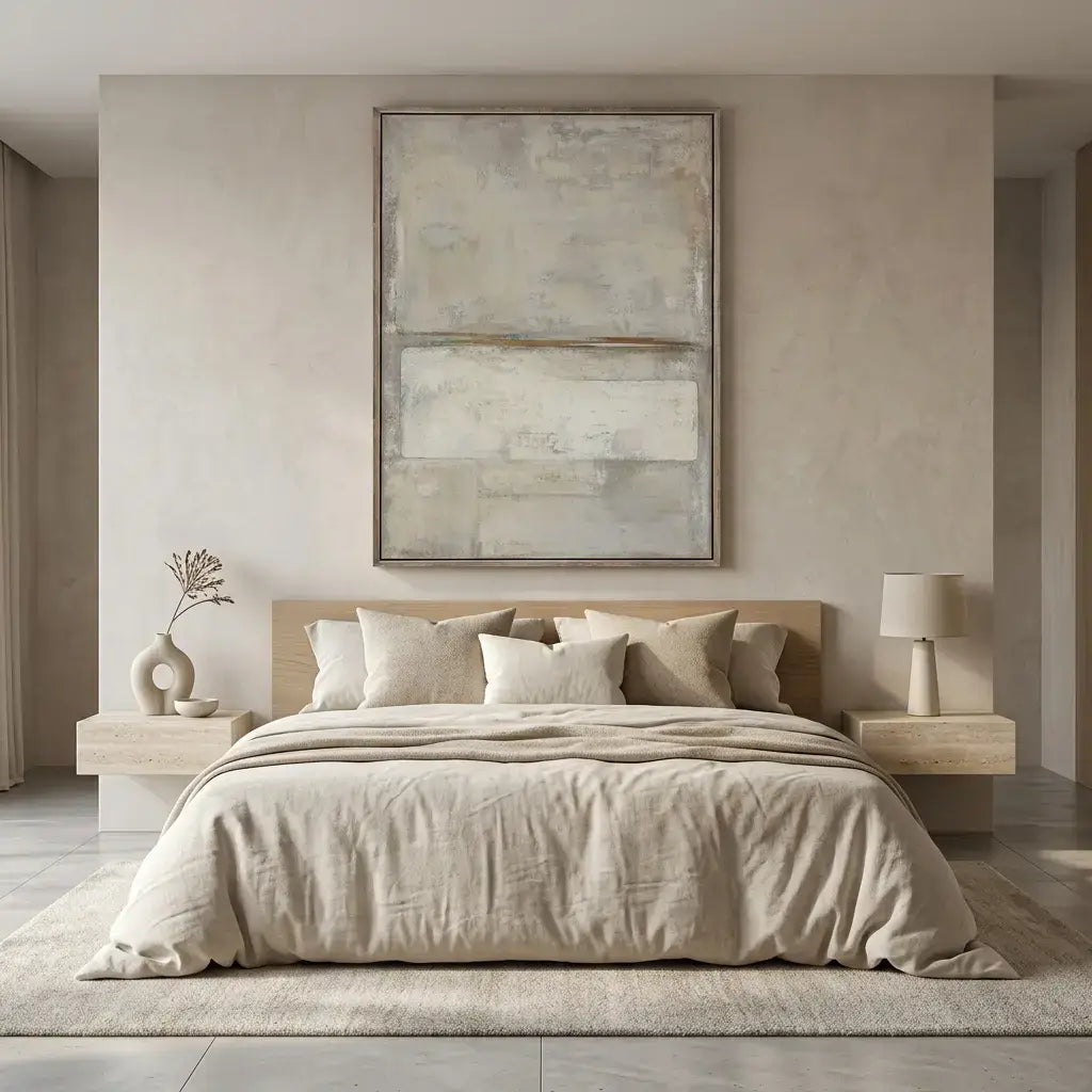 Neatly made bed in a bedroom with abstract art on the wall.