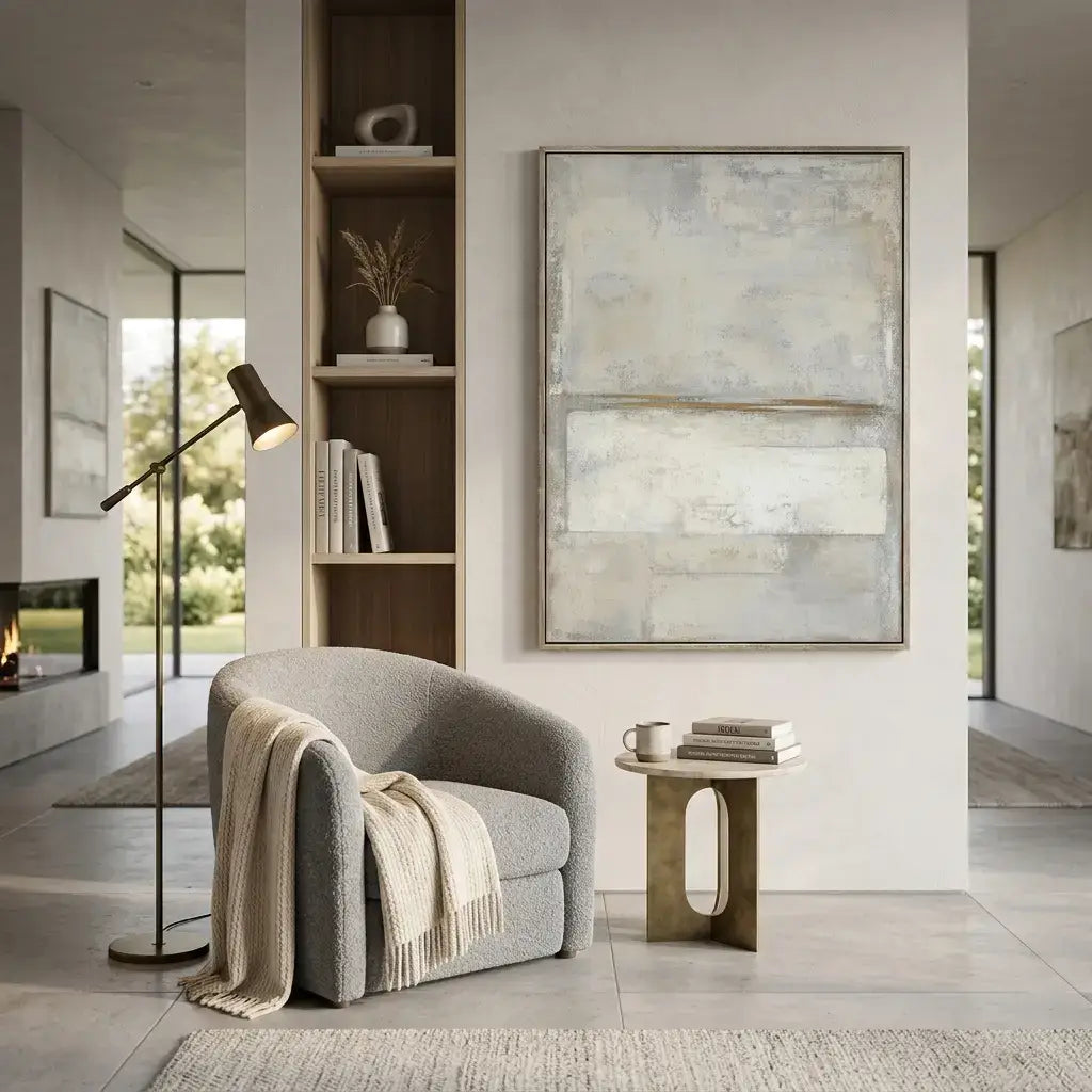 Modern living room with a gray armchair, abstract painting, and floor lamp.