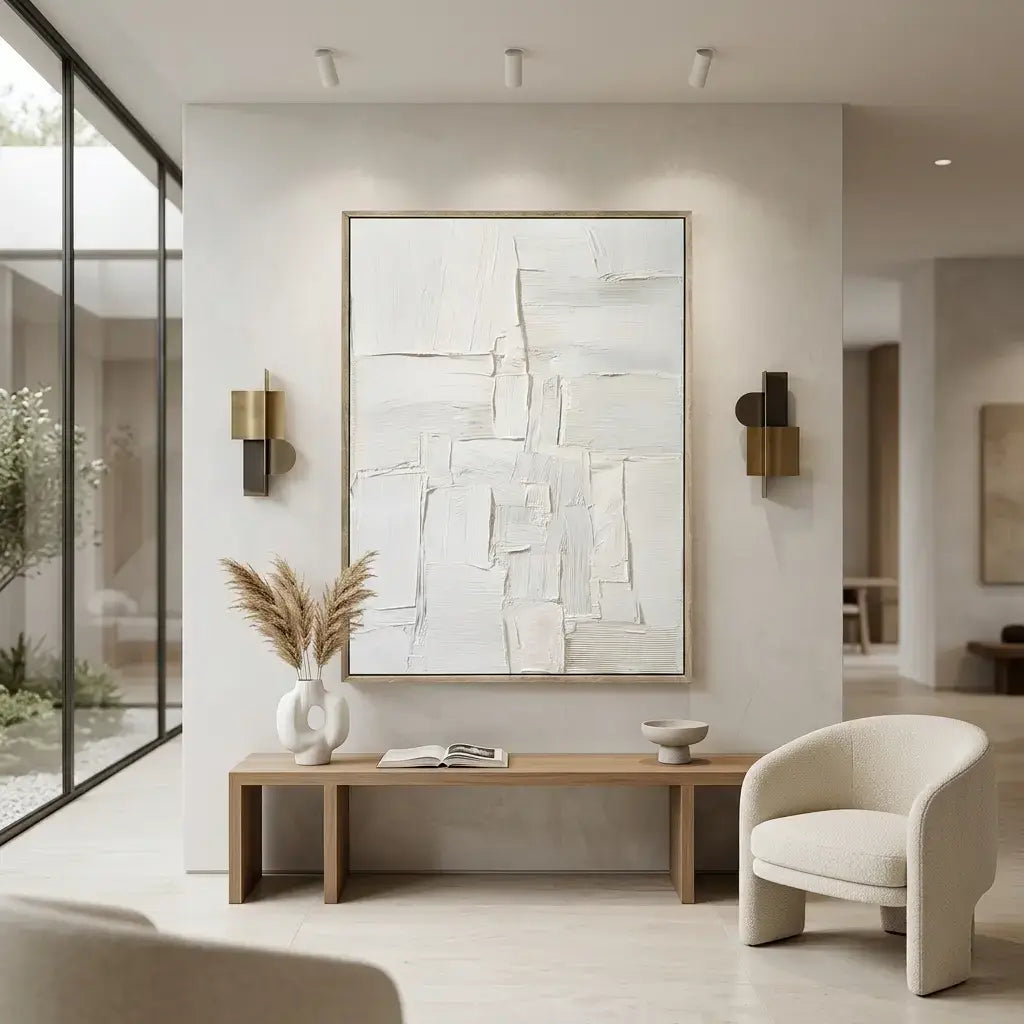 Modern interior with abstract artwork, bench, and chair in a well-lit room.