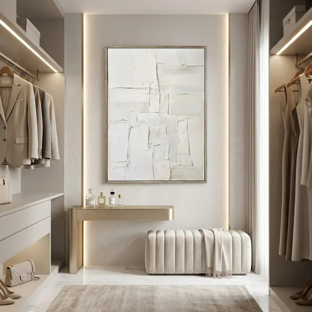 Modern walk-in closet with abstract art, shelves, and clothing.