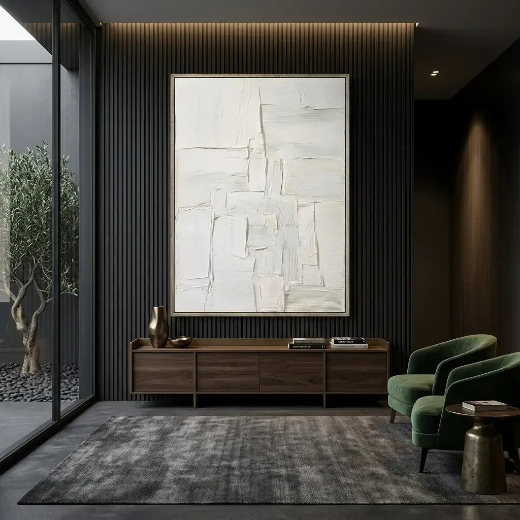 Modern living room with abstract painting, wooden cabinet, and green armchair.