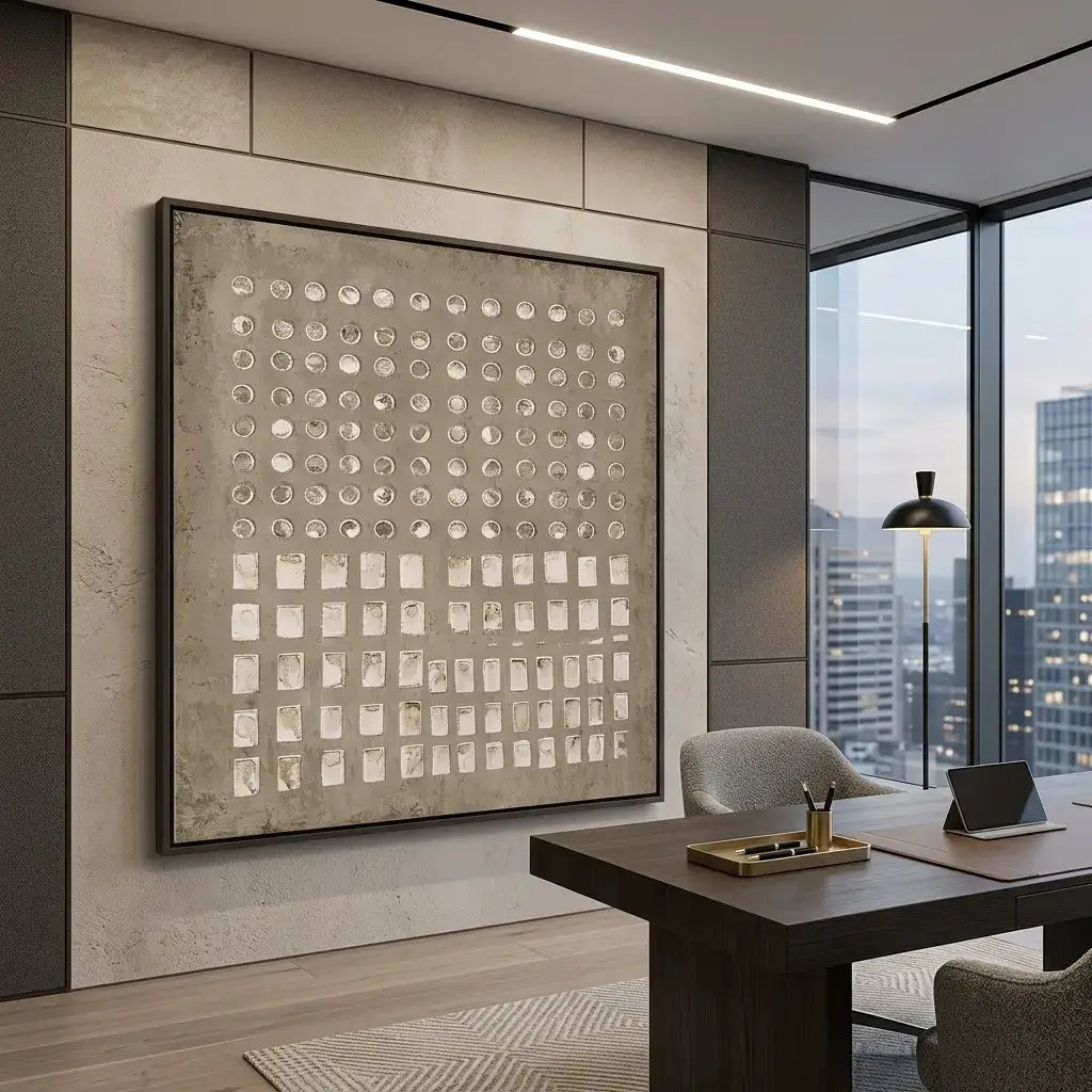 Modern office interior with a large abstract painting on the wall.