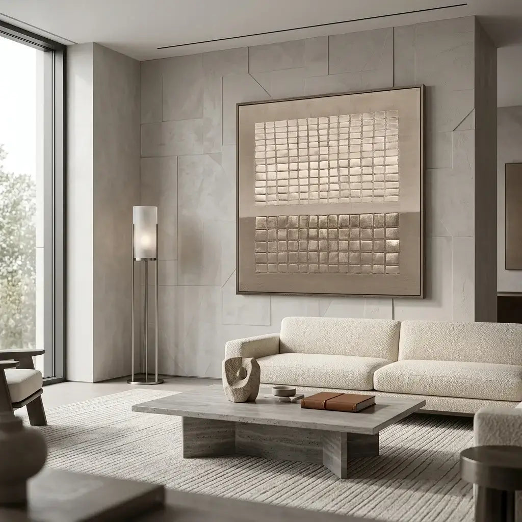 Modern living room with a neutral color palette, featuring a sofa, coffee table, and wall art.