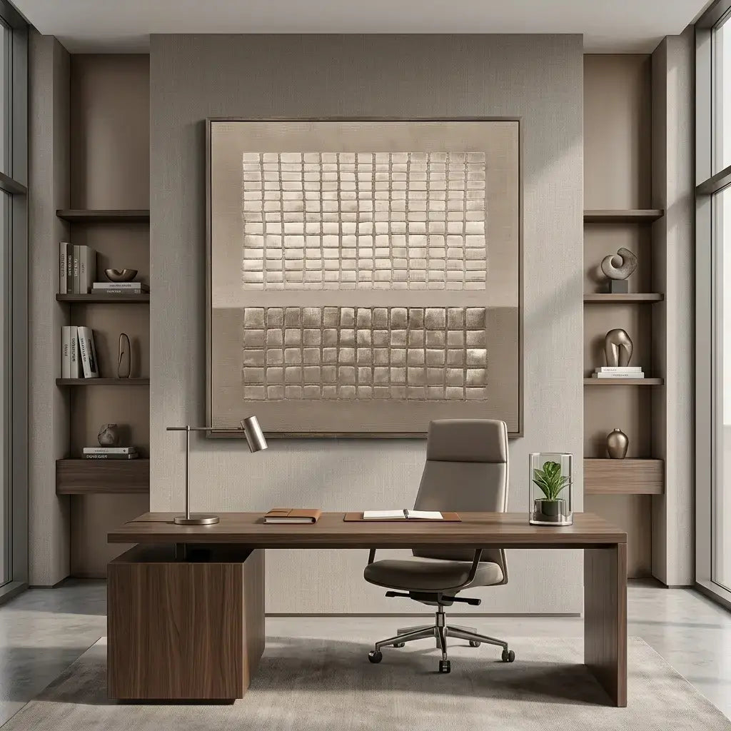 Modern office setup with a wooden desk, chair, and decorative wall art.