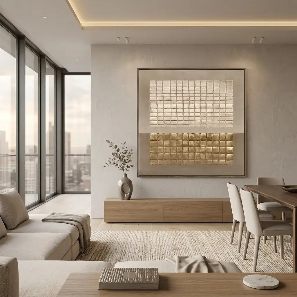 Modern living room with a large abstract painting on the wall, a sofa, and a dining table.