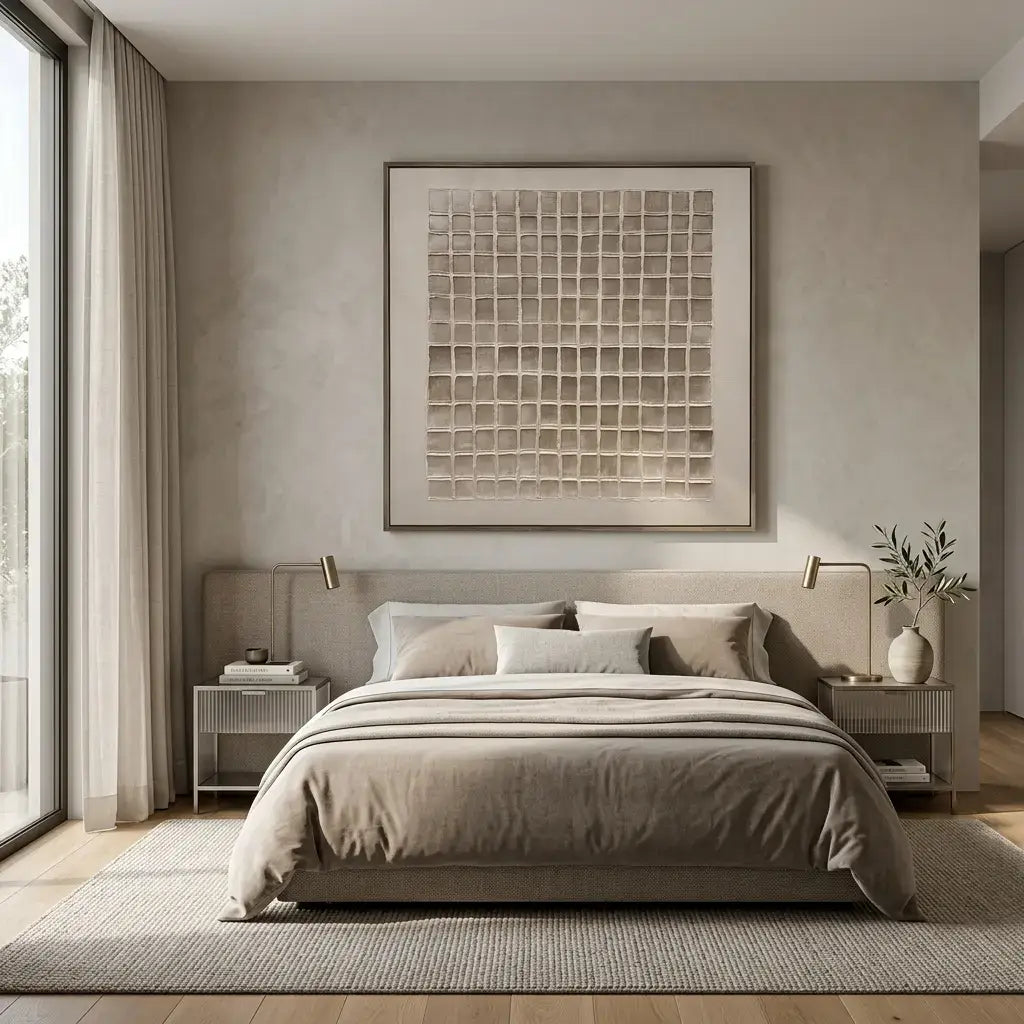 Modern bedroom with a bed, nightstands, and wall art.