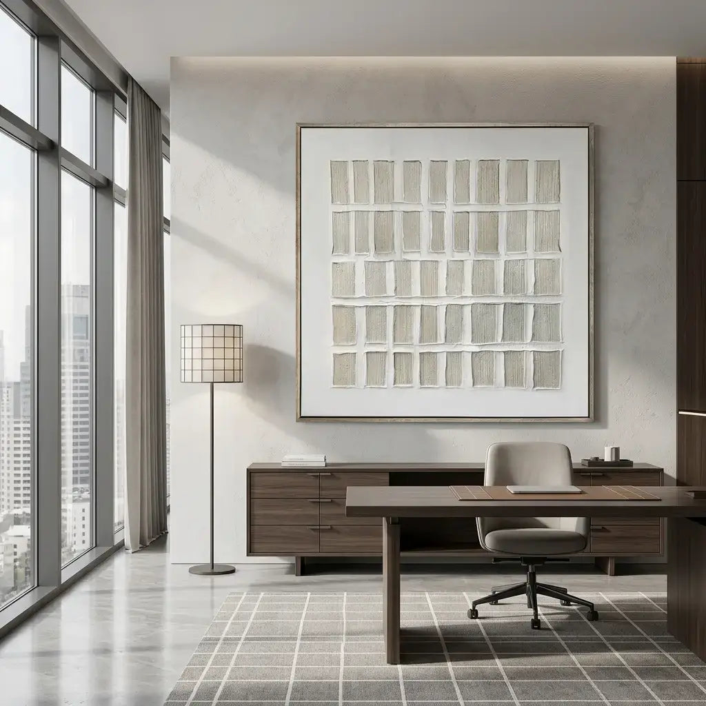 Modern office interior with a desk, chair, and wall art.