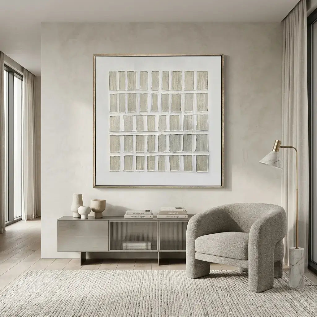 Modern living room with a gray armchair, coffee table, and abstract artwork on the wall.