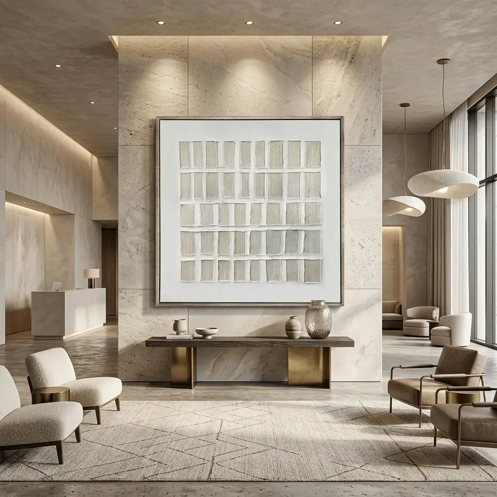 Modern interior design with marble walls, a large abstract painting, and elegant furniture.