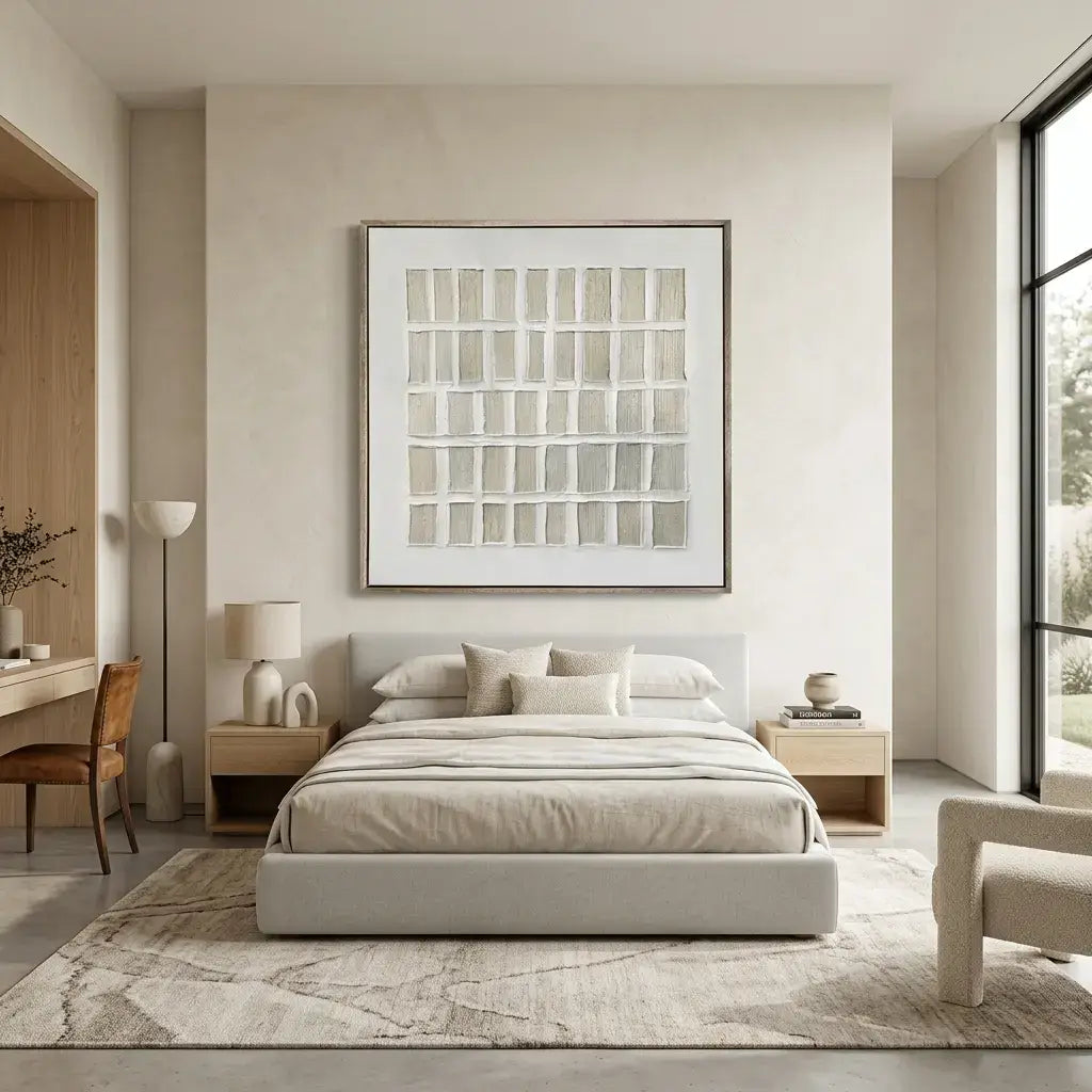 Modern bedroom with a bed, artwork on the wall, and a desk.